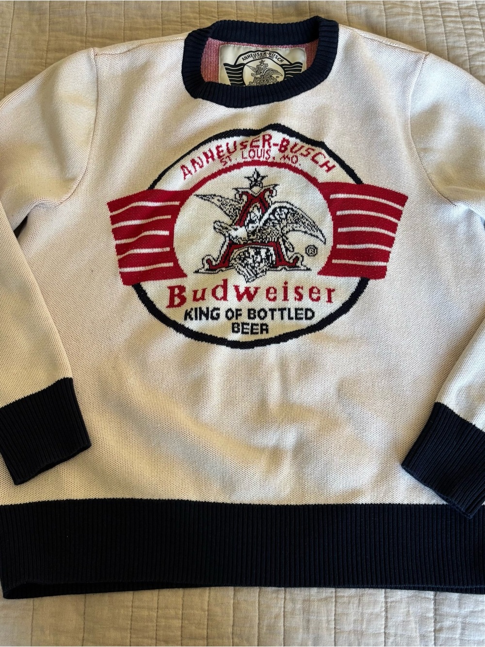 Budweiser Cream Crewneck Sweater with Red Logo and Navy Trim